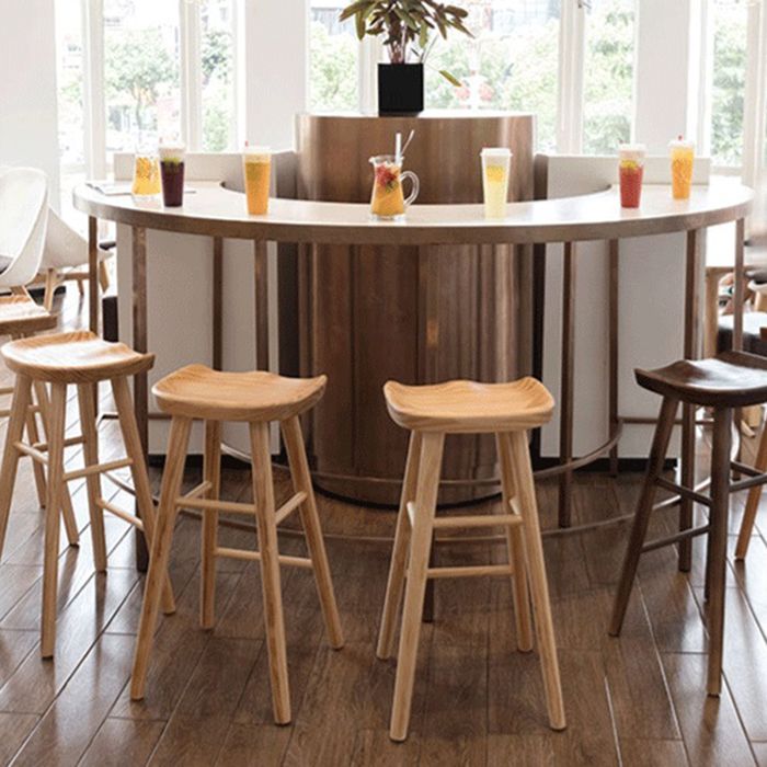 Coffee Shop Contemporary Wood Seat Barstool Wood 4 Legs Bar Stool with Pedal
