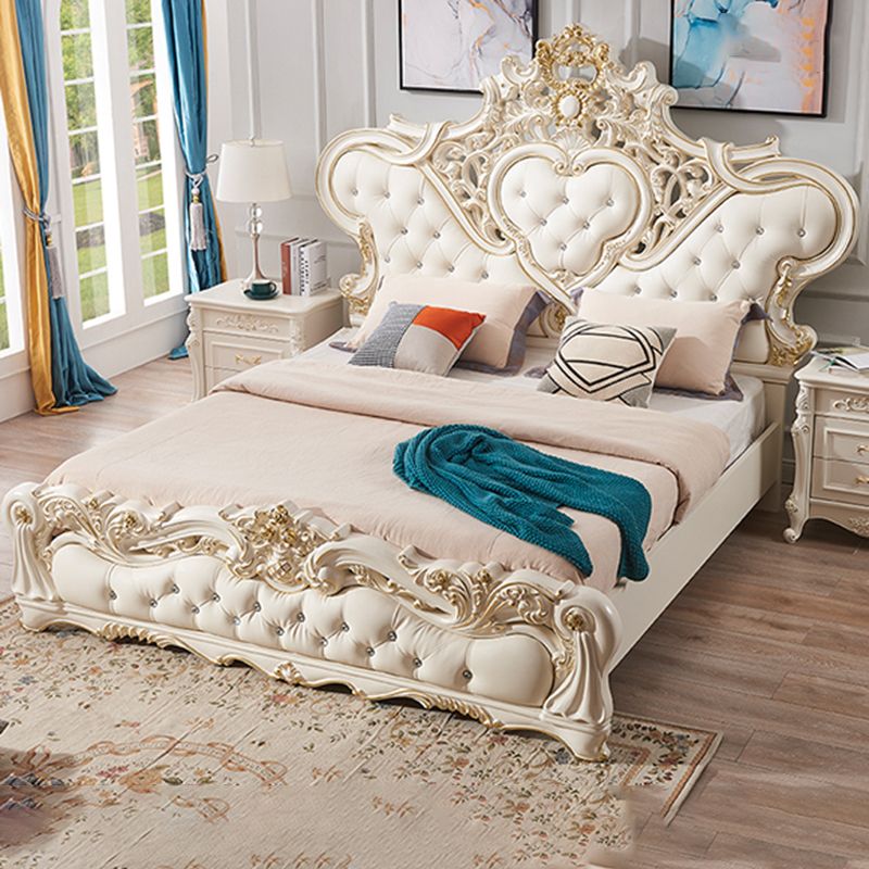 Victorian Standard Bed Upholstered Headboard Tufted Pine Wood Panel Bed