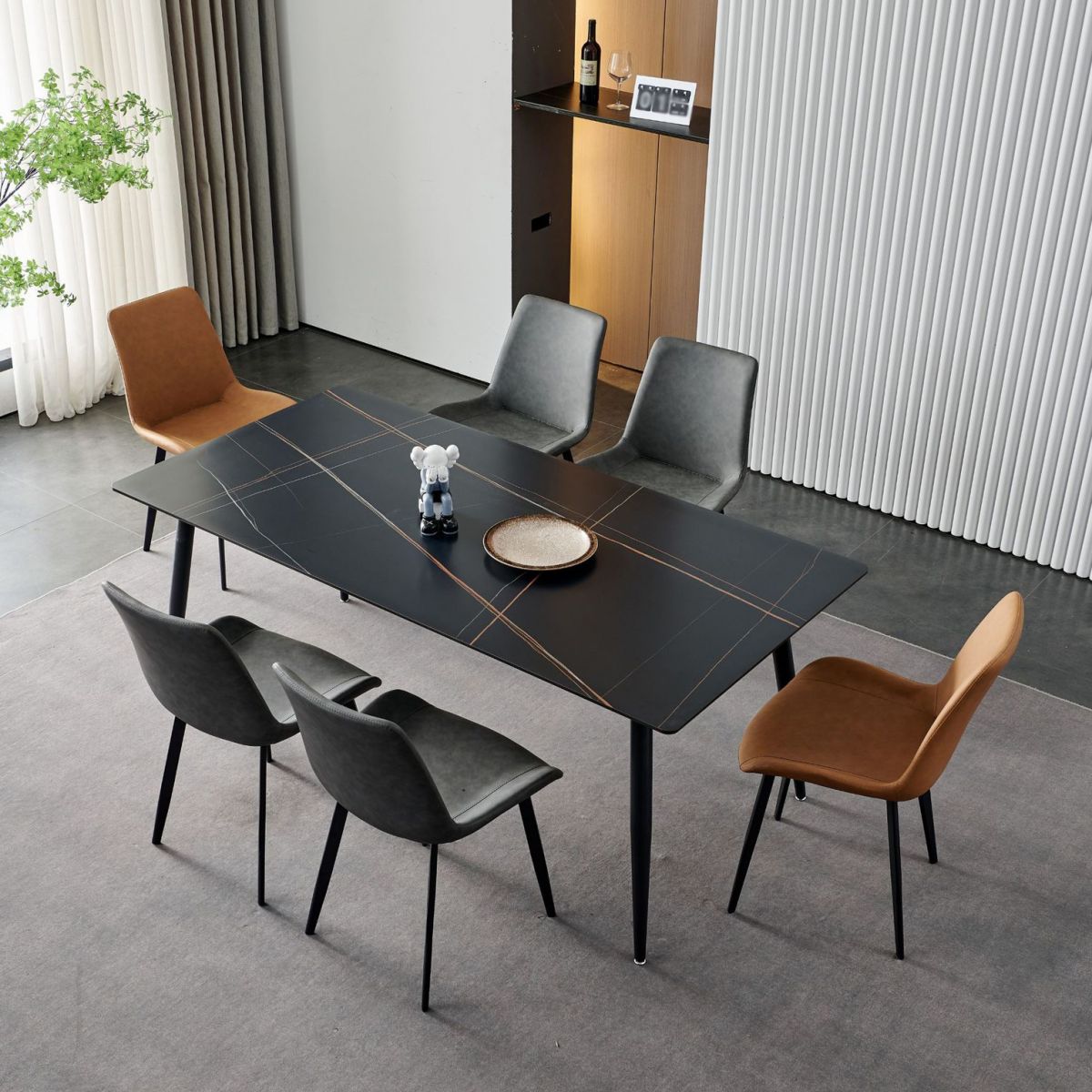 Stone Top Dining Table Traditional Luxury Table with 4 Black Legs