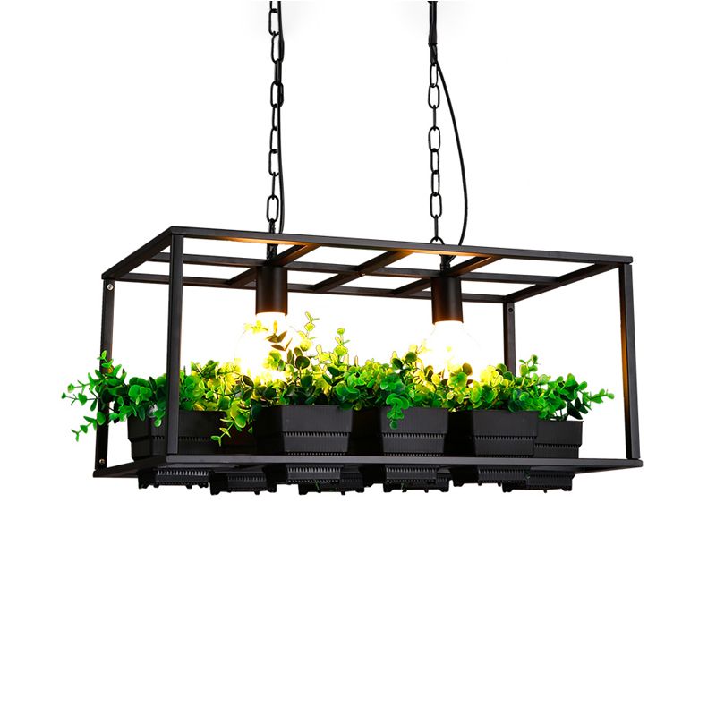 Black/White Rectangle Island Lamp Factory Metallic 2 Lights Living Room Hanging Light Fixture with Artificial Plant Deco