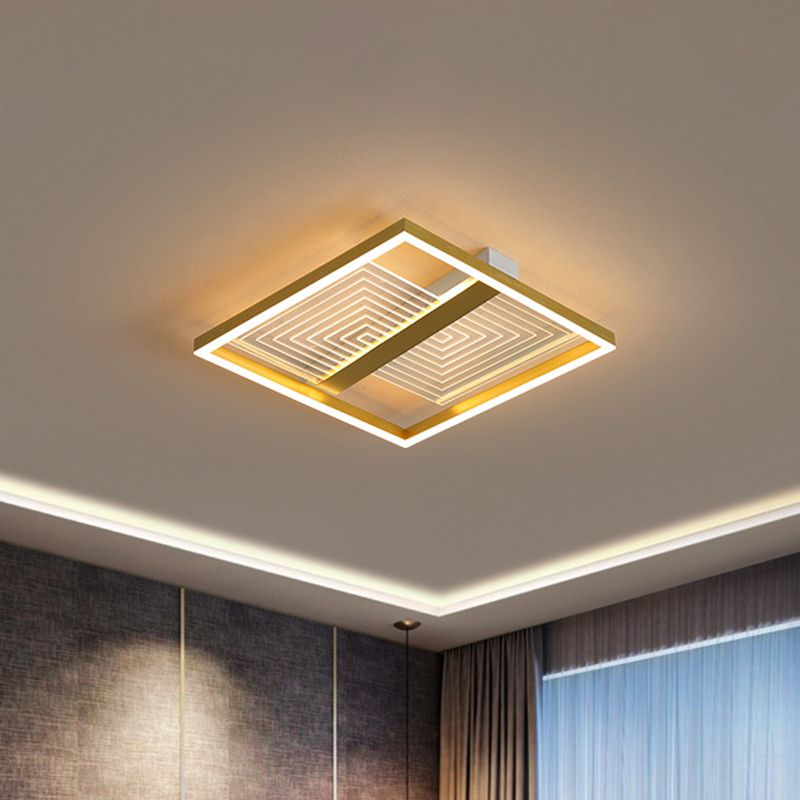 Modernist Square Frame Flush Mount Lighting Metal Sitting Room LED Ceiling Light Fixture in Gold, 16"/19.5" Width