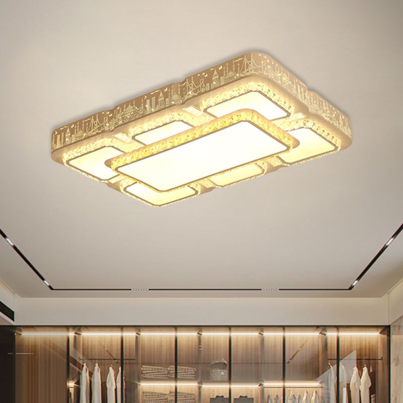 White Rectangular Flush Light Modernist LED Crystal Flush Mounted Lamp with Laser-Cut City Pattern