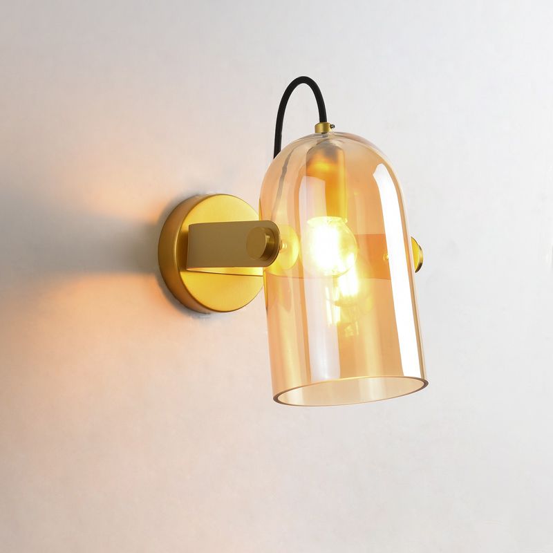Retro Style Cloche Sconce Light 1 Bulb Amber/Blue/Smoke Gray Glass Bedroom Wall Mounted Lamp Kit in Brass Finish