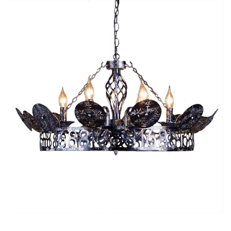 Etched Circular Coffee Shop Hanging Light Antique Wrought Iron 6 Heads Rust Chandelier Lamp with Bare Bulb