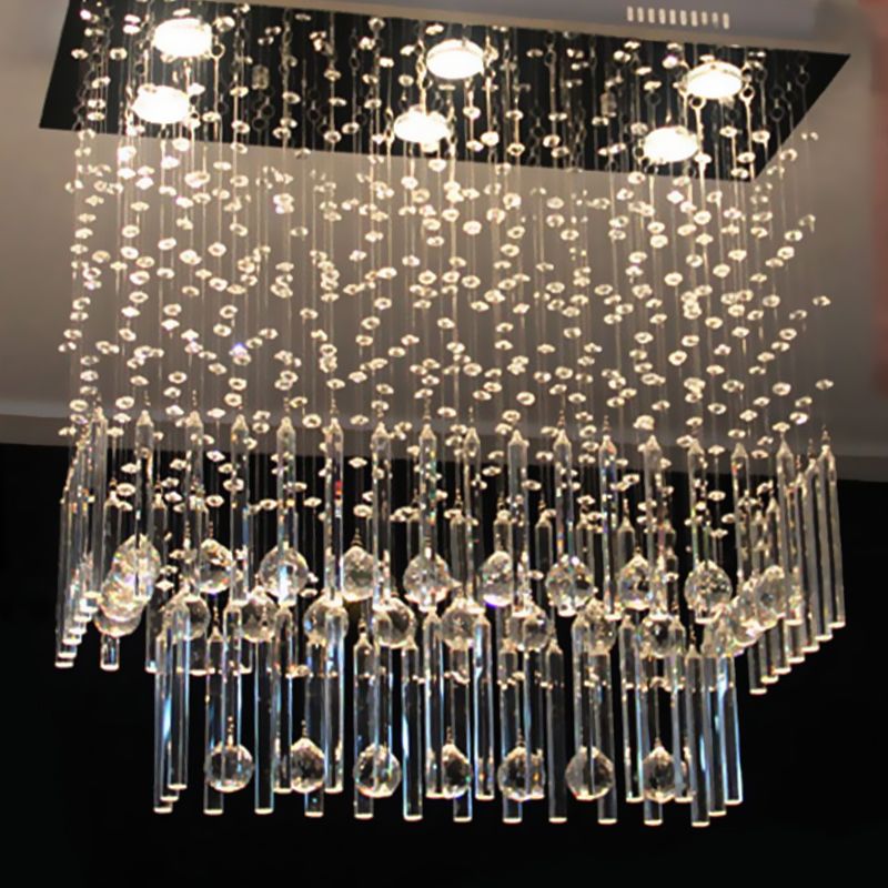 Clear Crystal Cascade Flush Light Simple 6 Lights Nickel Close to Ceiling Lighting Fixture for Restaurant