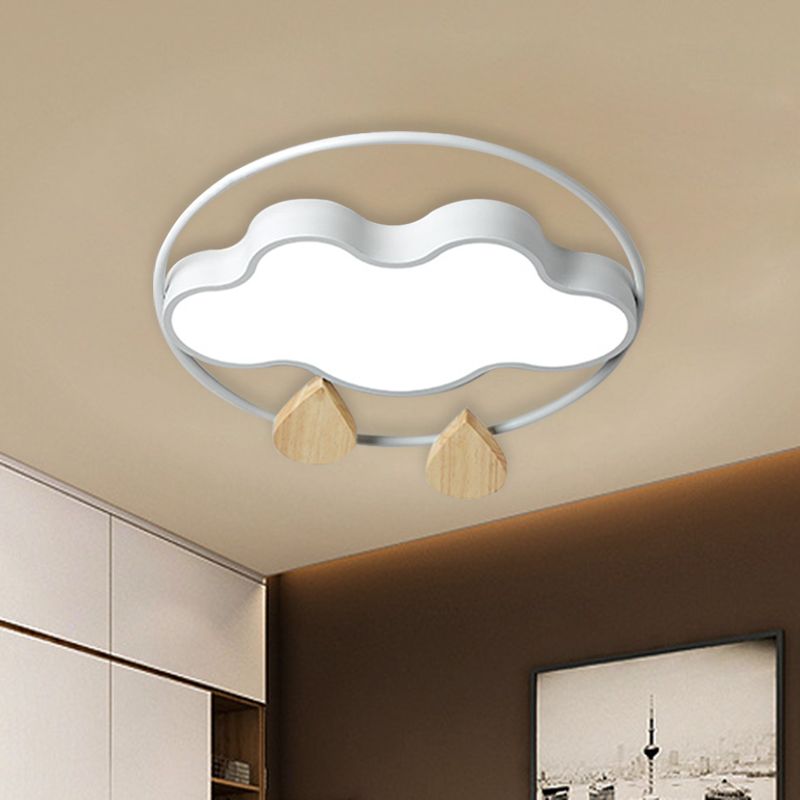 Cloud Bedroom Ceiling Lighting Acrylic LED Simplicity Flush Mount with Wood Raindrop in Grey/White/Green