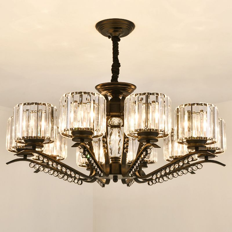 Minimalist Cylindrical Chandelier Tri-Sided Crystal Rod Hanging Light Fixture in Black