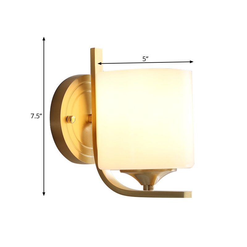 1 Light Drum Shade Wall Sconce Light Modernism Style White Glass Wall Lamp in Brass for Bedroom