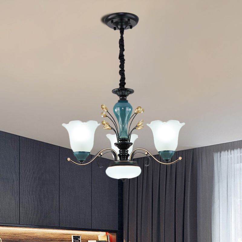 Flower Shade Suspension Lamp Countryside 3/6/8-Head Milky Glass Pendant Chandelier in Green