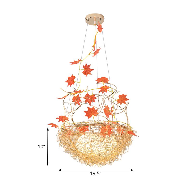 Egg-Like Chandelier Rustic 3 Lights Milk White Glass Hanging Ceiling Pendant with Gold Nest and Maple Leaves