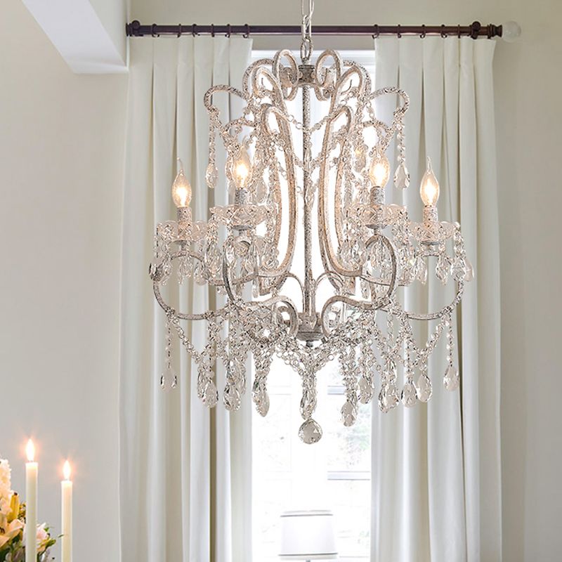 Antique Candlestick Ceiling Lighting Metallic Chandelier Light Fixture with Crystal Bead Decor in White
