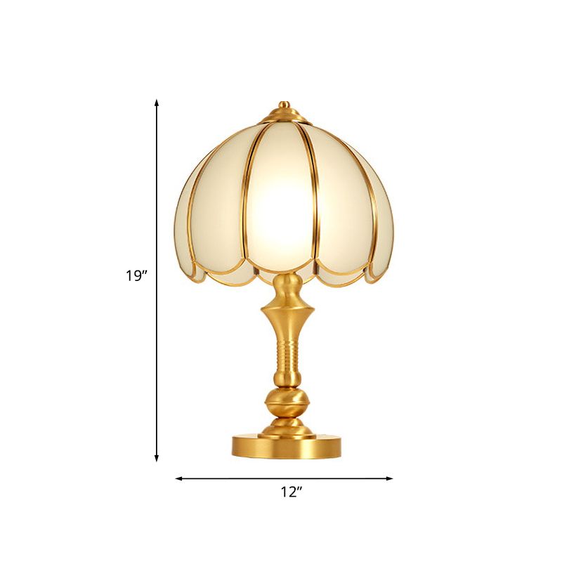 1 Light Night Table Lamp Traditional Bedroom Night Light with Scalloped Dome White Glass Shade in Brass
