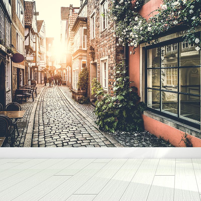 Pewter Morning Town Mural Wallpaper Moisture Resistant Wall Covering for Dining Room