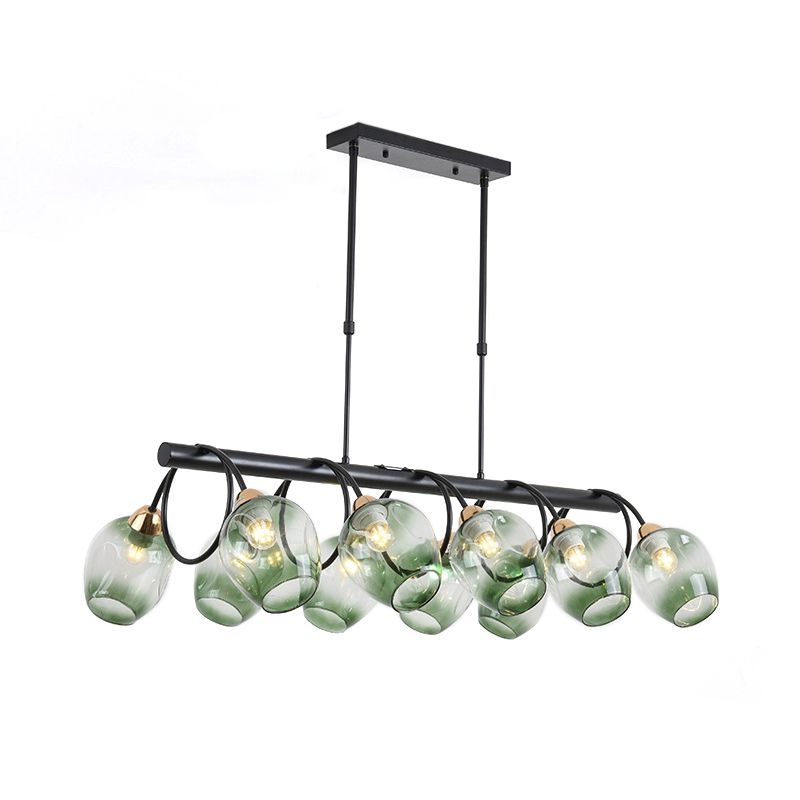 Wine Cup Island Light Modern Dimpled Blue/Green Ombre Glass 6/8/10-Head Black Suspended Lighting Fixture