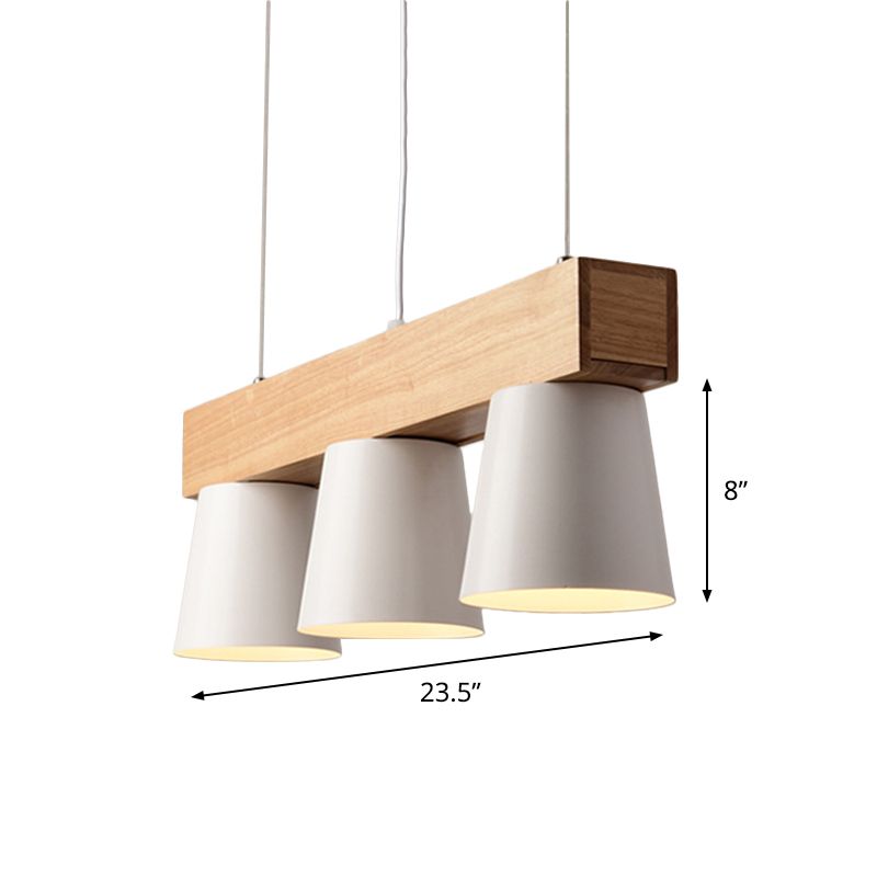 Conical Frustum Island Pendant Light Nordic Metal 3-Head Dining Table Suspension Lamp in White with Wood Beam