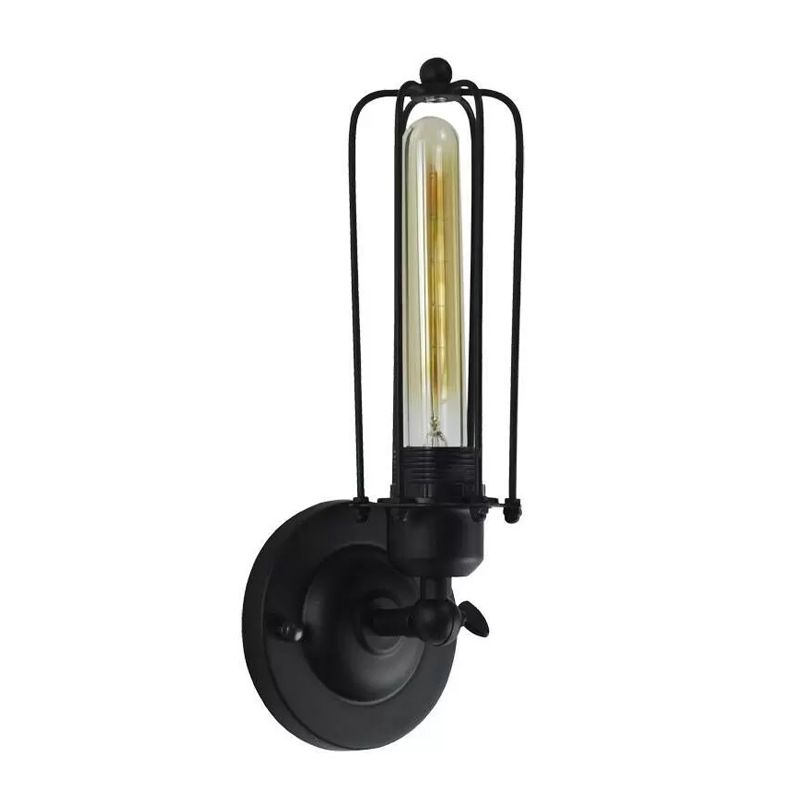1/2-Head Rotatable Wall Lighting Industrial Bedroom Wall Mount Lamp with Tube Metal Cage in Black