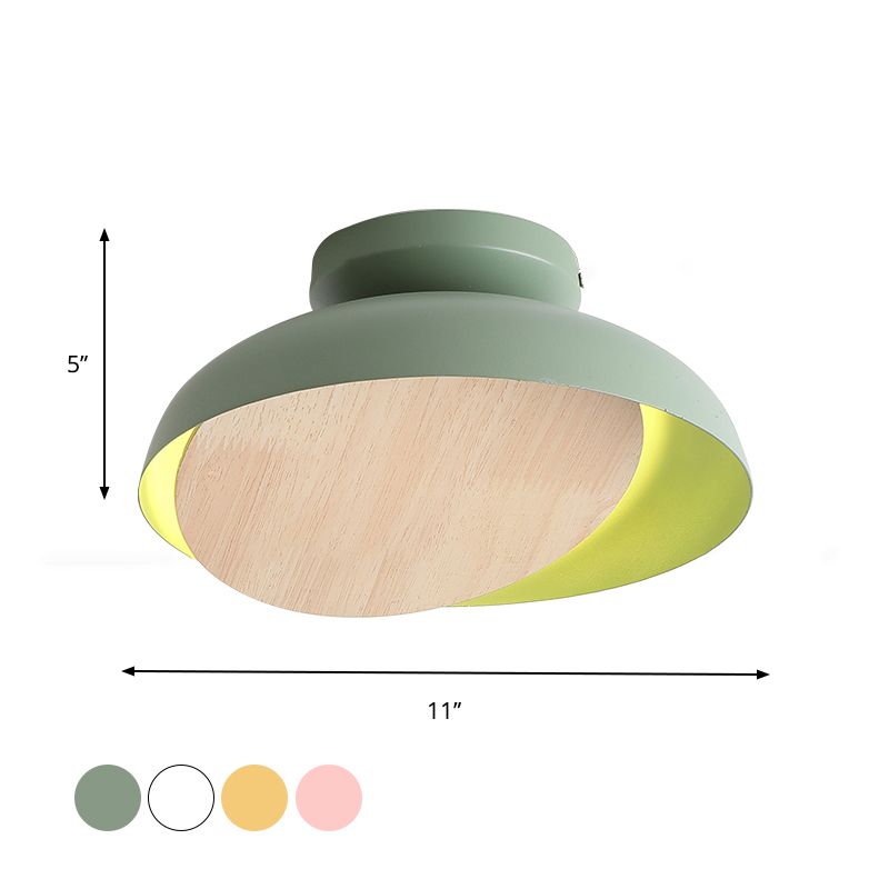 Macaron Shallow Bowl Iron Flush Mount LED Close to Ceiling Light with Mobile Wood Shield in Yellow/Pink/Green for Foyer