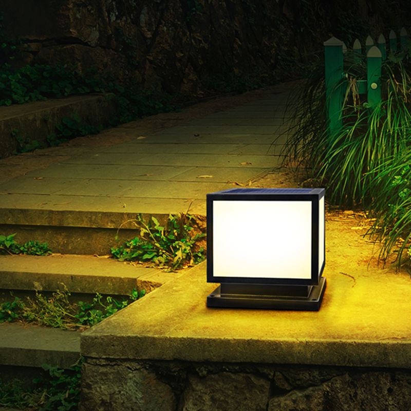 Square Shape Metal Outdoor Lamp Modern Style 1 Light Solar Pillar Lights in Black