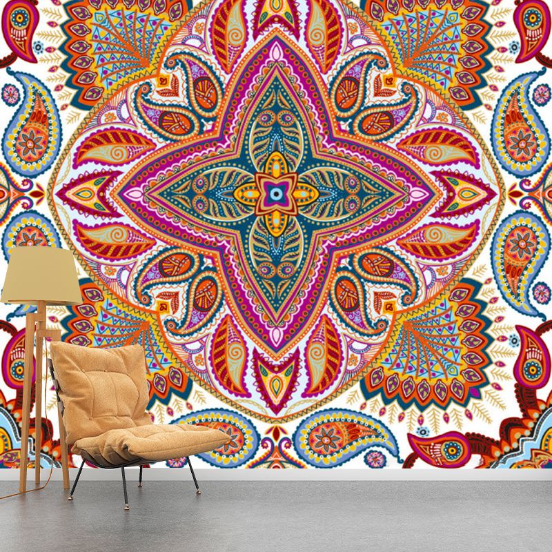 Boho Peacock Tail Wall Mural Red-Yellow-Blue-Green Stain Resistant Wall Decor for Bedroom