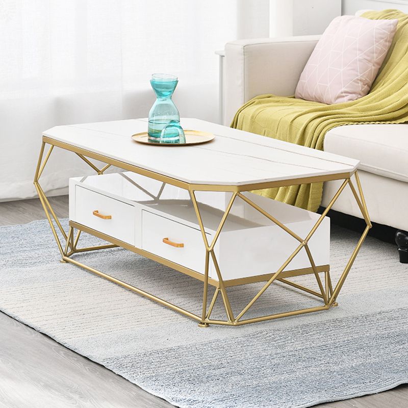 Modern Slate Geometric Coffee Table Gold Metal Frame Coffee Table with Storage