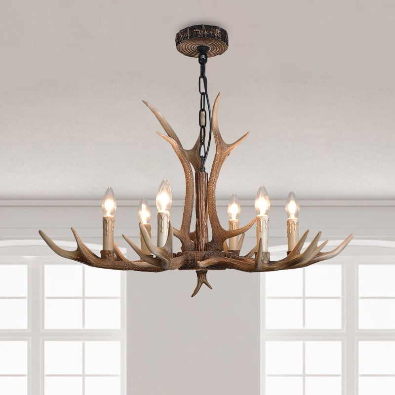 Fake Antler Chandelier Lighting Rustic Brown Resin Ceiling Light with Candle Design