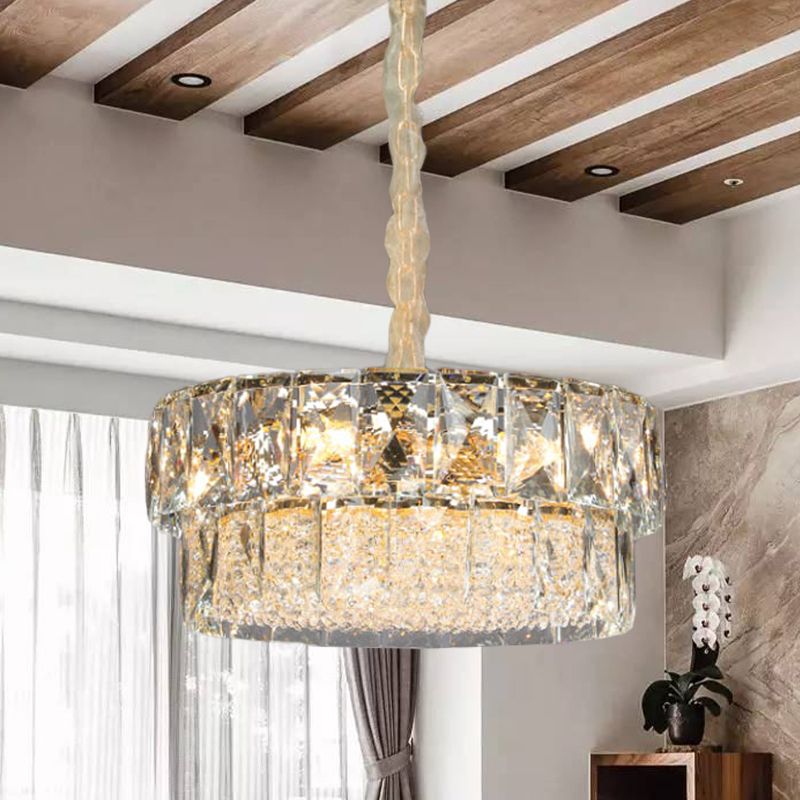7 Lights Beveled Crystal Ceiling Pendant Contemporary Gold 2-Tier Round Restaurant Chandelier