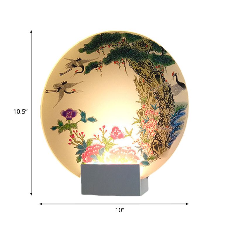 White Disc Shaped Wall Mounted Lamp Chinese LED Acrylic Mural Light with Halcyon and Peony Pattern