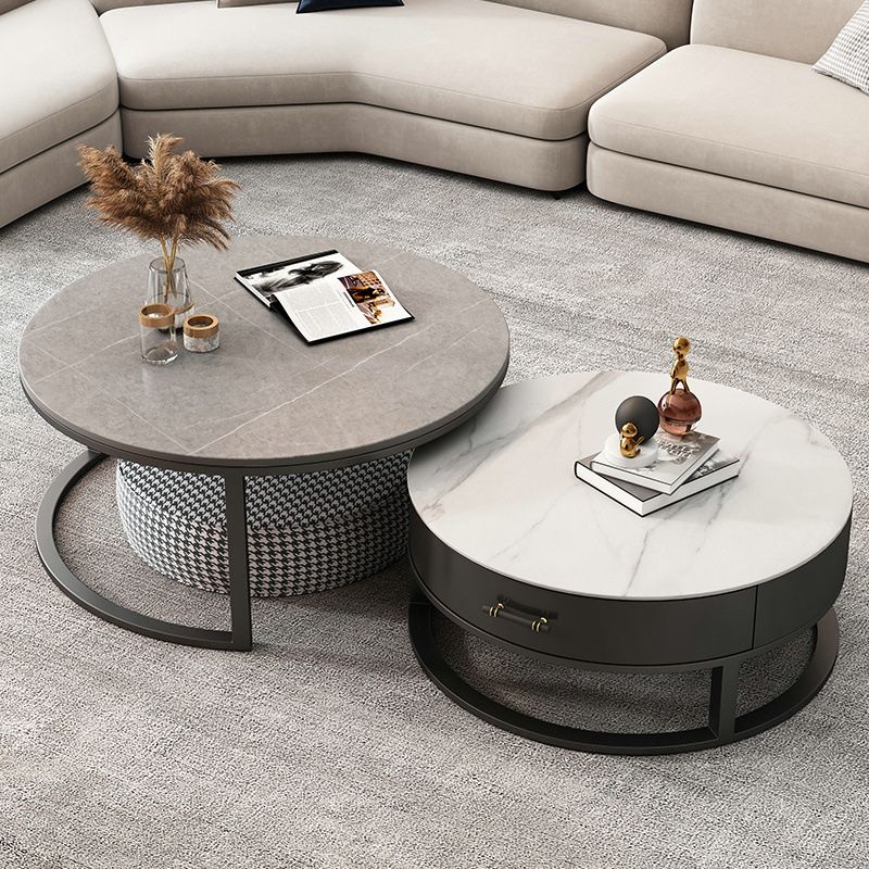 Stone Round Contemporary Cocktail Table Frame Nesting Coffee Table Set