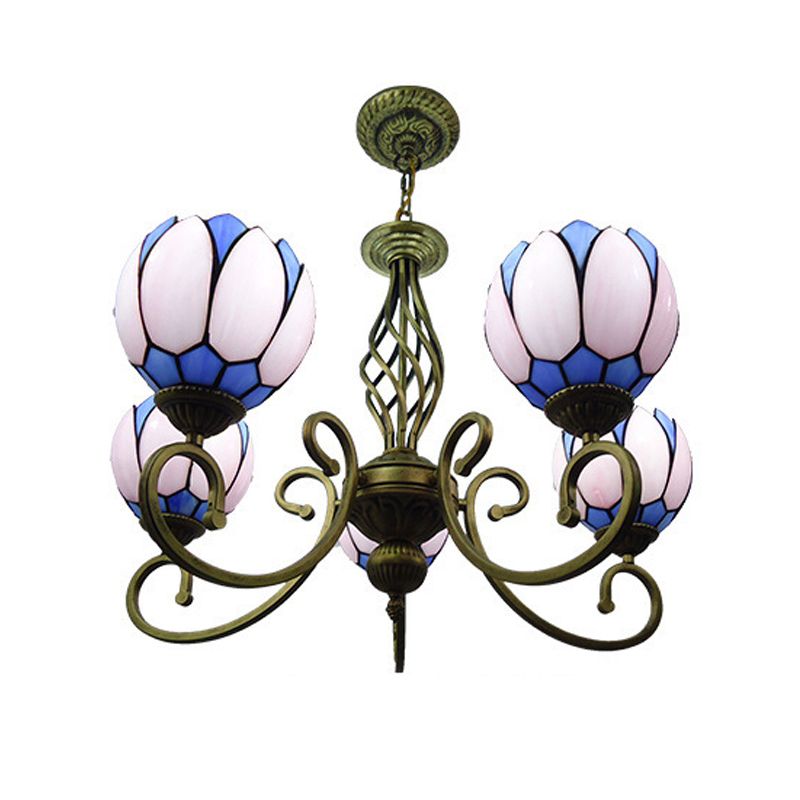 Scrolling Arm Chandelier Lamp Mediterranean Hand Cut Glass 5 Lights Red/Yellow/Blue Ceiling Pendant Light