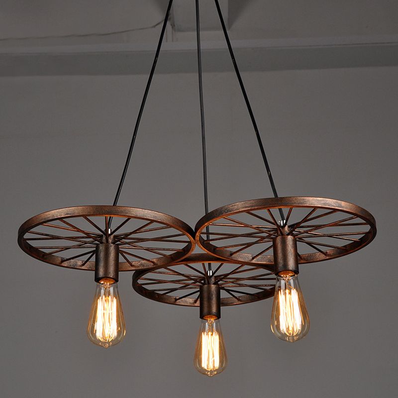 Rust Wheel Chandelier Lamp Industrial Wrought Iron 3/6-Head Dining Room Suspension Pendant