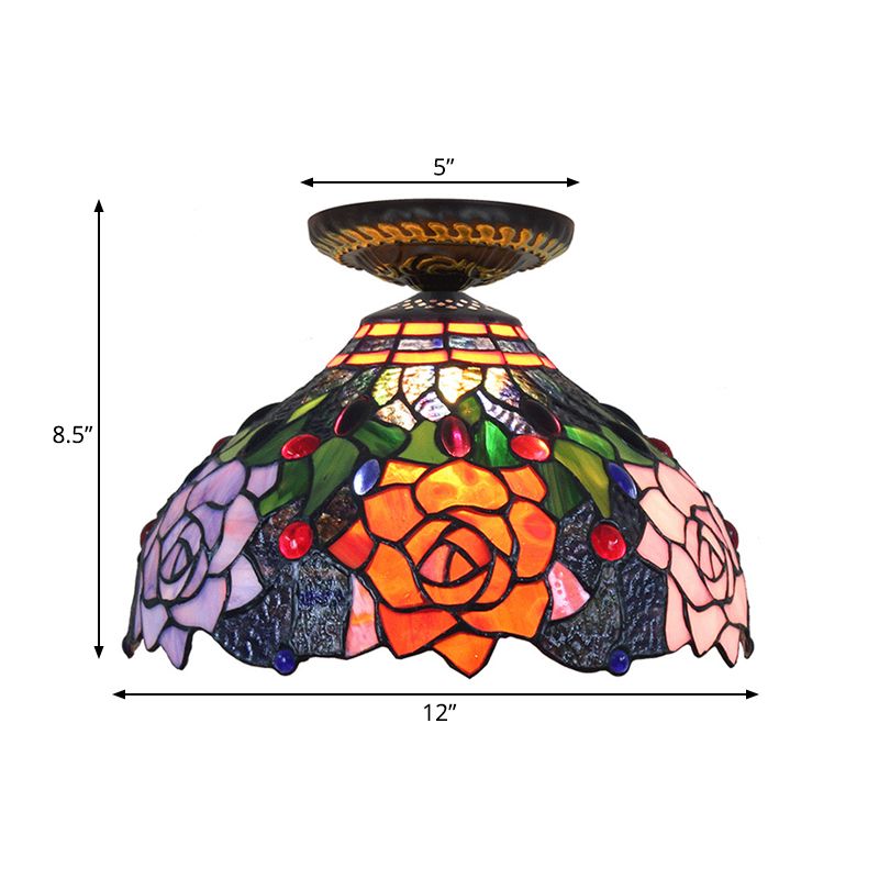 Rose Metal Ceiling Flush Mount Tiffany 12"/16" W 1 Head Brass Flush Mount Light Fixture