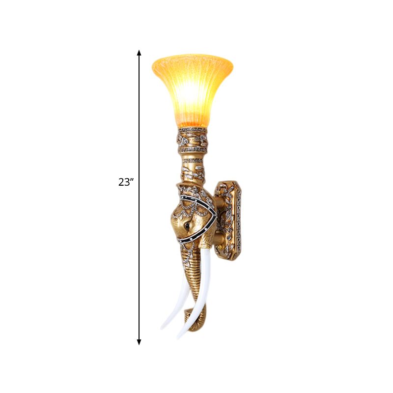 Elephant Corridor Wall Light Fixture Retro Stylish Resin 1 Bulb Gold Wall Mount Lamp with Bell Amber Glass Shade