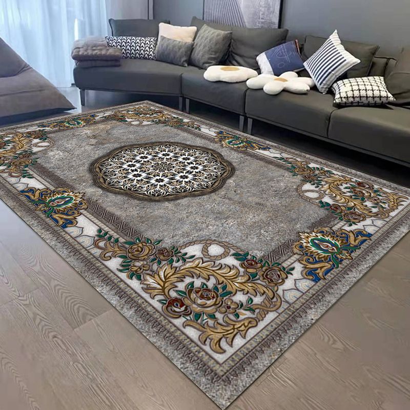 Dark Gray Medallion Rug Polyester Retro Rug Washable Rug for Living Room