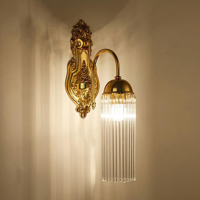 Tubular Corridor Wall Lighting Clear Crystal 1/2-Bulb Modern Style Sconce Lamp with Metal Gooseneck Arm in Gold