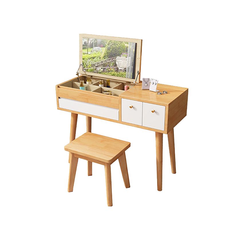 Solid Wood Mirrored Vanity Desk with 3 Drawers Flip-Top Dresser with Stool