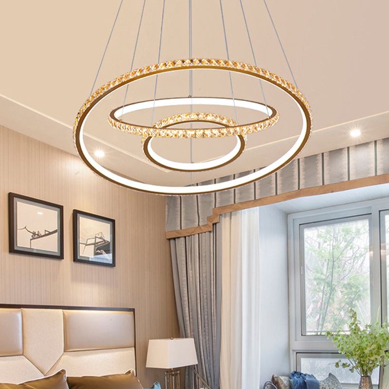 3-Ring LED Chandelier Light Modern Crystal Gold/Silver Ceiling Light Fixture, Inner Warm and Outer White/Inner White and Outer Warm Light