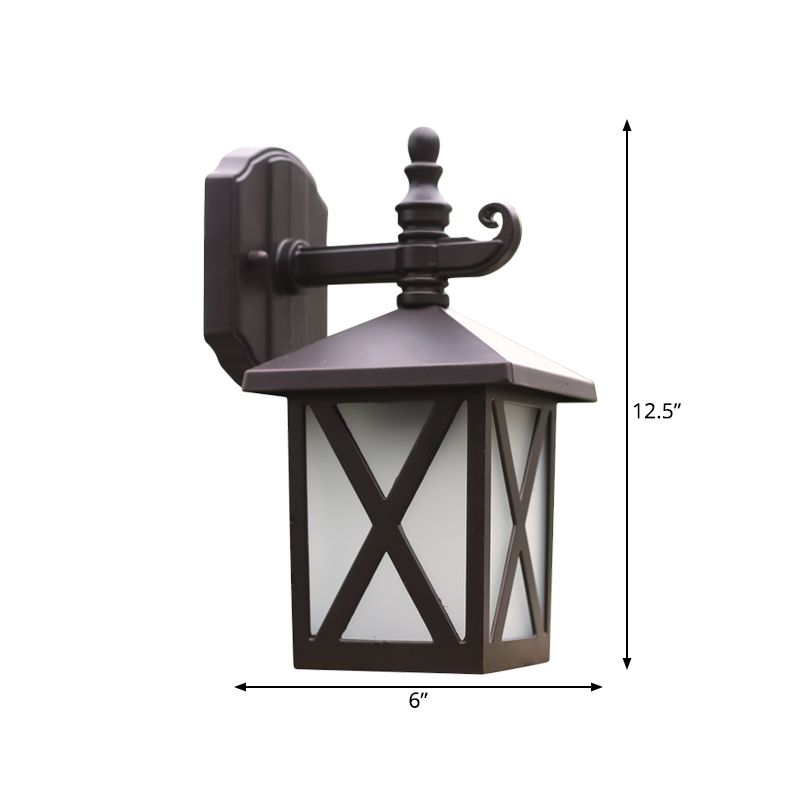 1-Head Frosted Glass Wall Sconce Lighting Traditional Dark Coffee Lantern Outdoor Wall Light Fixture