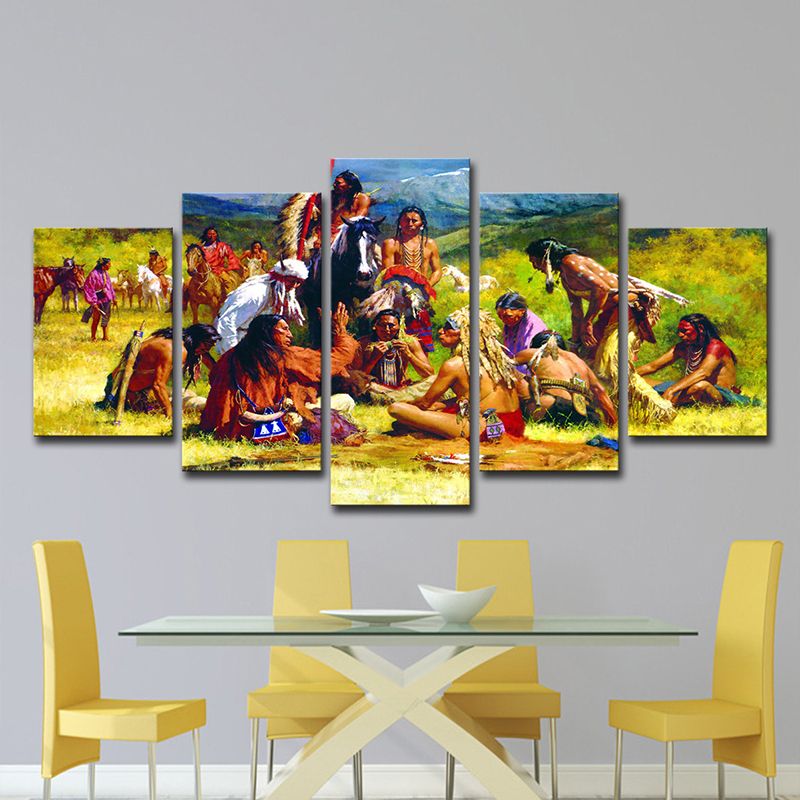 Modern Indians Painting Art Print Canvas Multi-Piece Yellow Wall Decor for Dining Room
