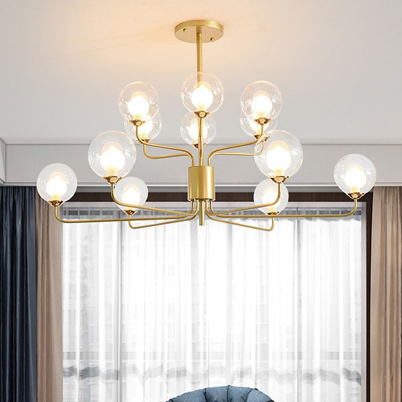 2-Tier Ball Clear Glass Chandelier with Radial Design Contemporary 8/12/18 Lights Black/Gold Hanging Light Fixture