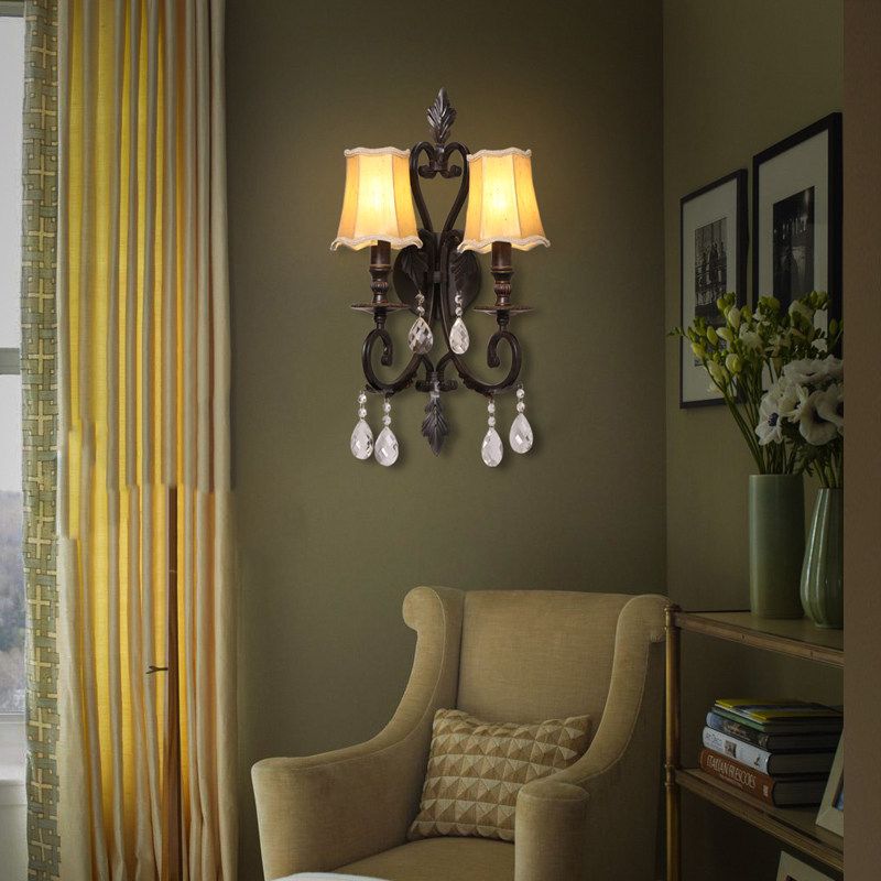 Rust Scalloped Sconce Traditional Metal 2 Lights Indoor Wall Mount Lighting with Fabric Shade and Crystal Accents