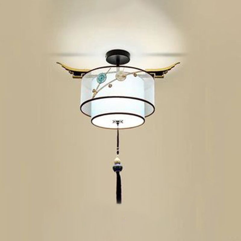 Tissu d'éclairage à semi-montage cylindrique vintage près du plafond de plafond en bleu ciel avec nœud à glace