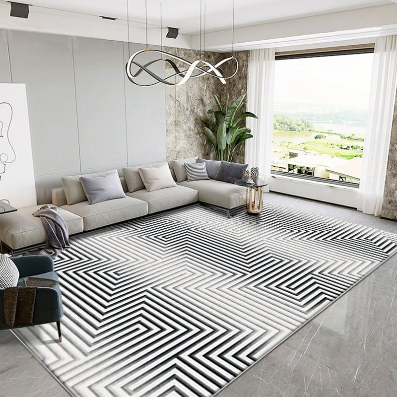 Modernism Parlour Area Rug Grey Striped Pattern Rug Polyester Washable Non-Slip Pet Friendly Area Rug