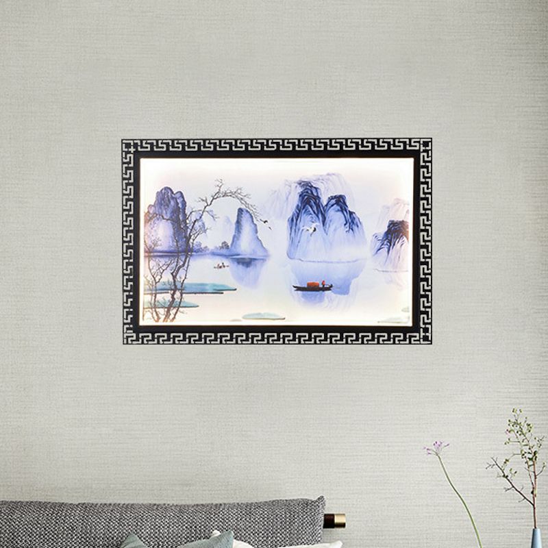 Dark Blue Mountain Scene Mural Lighting Asia LED Fabric Wall Mounted Lamp for Family Room
