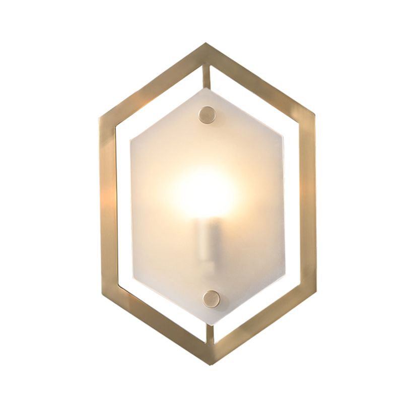 Hexagon Sconce Lighting Postmodern Metallic 1-Bulb Brass Wall Lamp Fixture with Translucent Glass Shade
