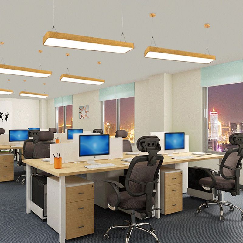 Wood Rectangle Led Pendent in Modern Style 45W Led Suspended Lights for Office Conference Room