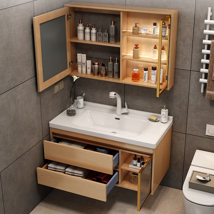 Wall Mount Vanity Mirror Single Sink Rectangle Door Wood Vanity with Drawers