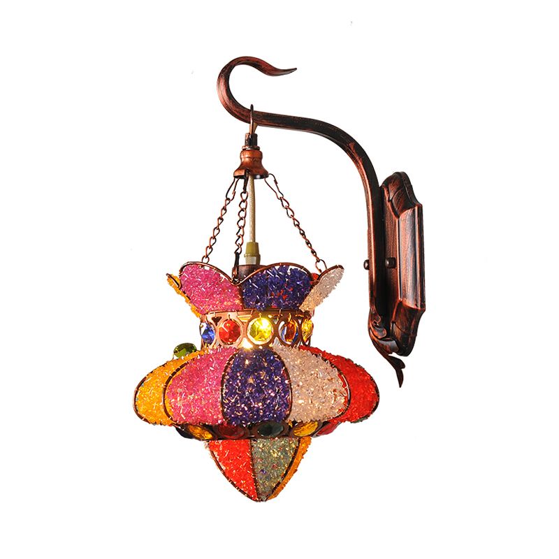 Lantern Restaurant Sconce Lamp Traditional Stained Glass 1 Head Copper Wall Lighting Fixture
