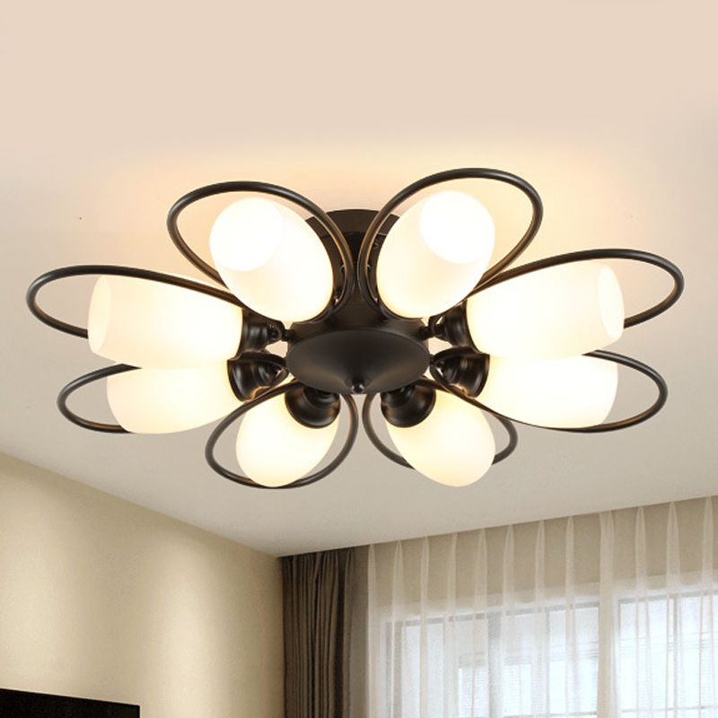 3/6/8 luces Semi Flush Mount Flower Flower Vidrio Blanco Luz de techo en negro para sala de estar