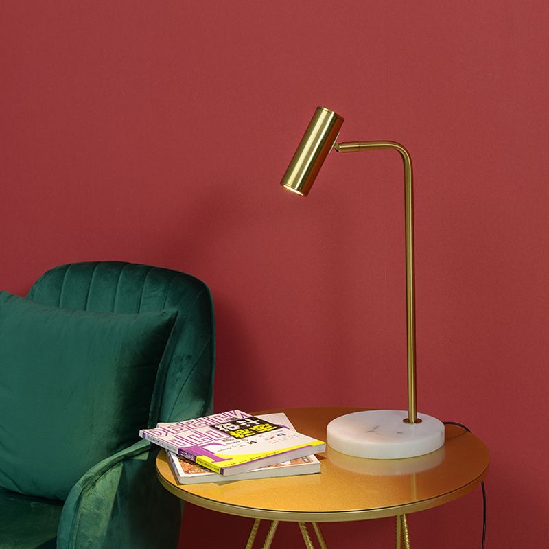 Metal Tubular Night Table Lighting Post-Modern 1 Bulb Gold Nightstand Lamp with Angled Arm for Study Room