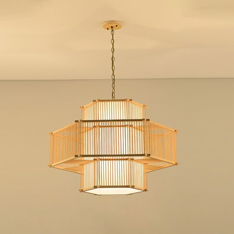 Geometric Shape Guest Room Pendant Light Bamboo Single Asian Hanging Light in Wood